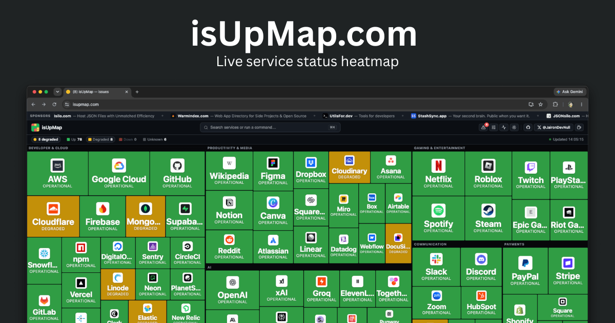 IsUpMap aggregates status checks for 100+ major services in one view