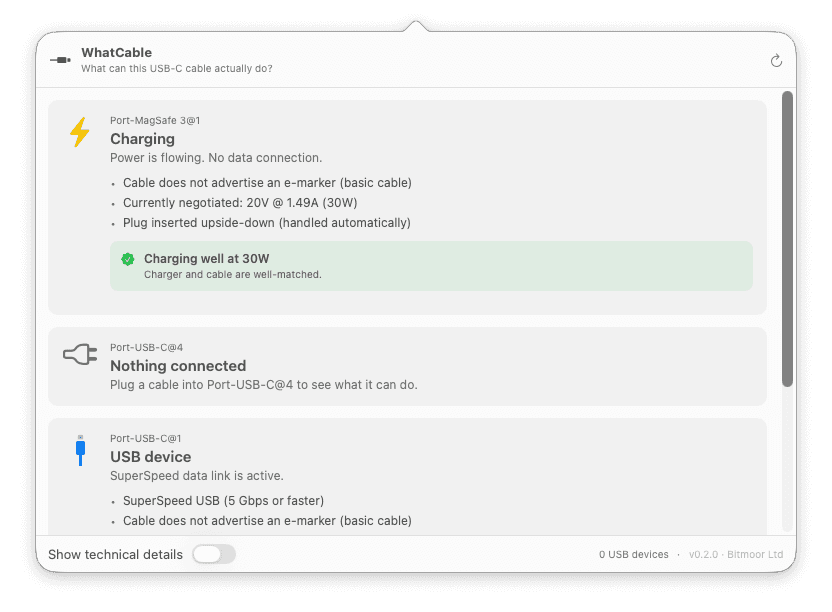 WhatCable: Menu Bar App for USB-C Cable Inspection