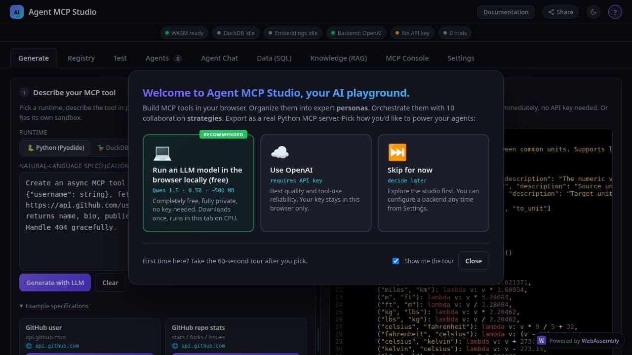 Agent MCP Studio lets you build multi-agent systems without leaving your browser